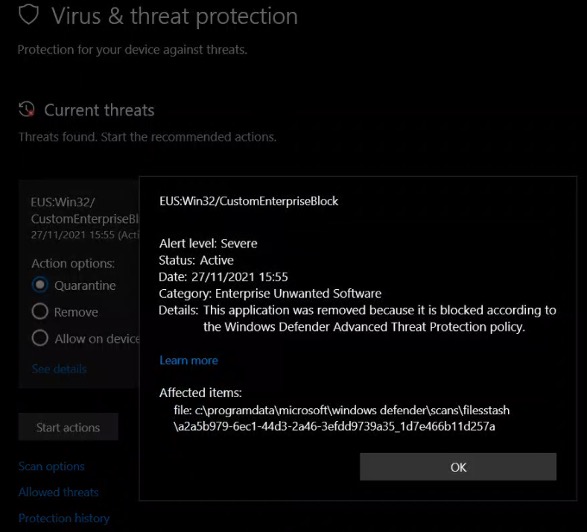 Microsoft Defender for Endpoint virus and threat protection example